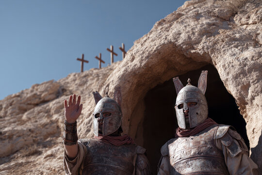 Two Roman soldiers near a cave with crosses.. Roman soldiers, biblical scene of the crucifixion of Jesus of Nazareth