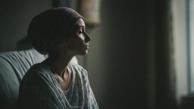 Woman cancer patient looking out of a hospital window, capturing a deeply emotional and reflective moment. The scene conveys themes of resilience, hope, vulnerability,