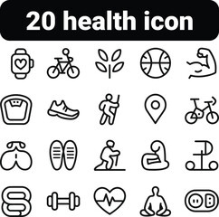 Fototapeta premium Minimalist health icon set with 20 vector elements, black line fitness and wellness symbols, modern workout and medical lifestyle graphics
