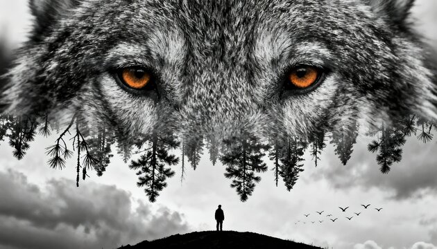 A striking artistic piece of a wolf's face looming over a silhouetted human figure in a forest, emphasizing the theme of nature, survival, and a watchful presence