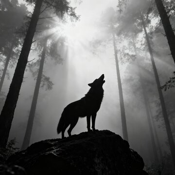 A lone wolf howling dramatically in a misty forest, silhouetted against the sun's rays. This striking image evokes a sense of wildness and untamed nature