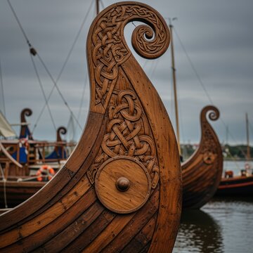 A close-up view of an intricately carved wooden Viking ship head, showcasing detailed patterns