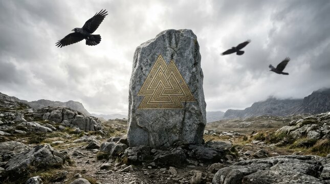 A mysterious stone monument with a golden triangular symbol, complemented by flying birds, set against a dramatic sky