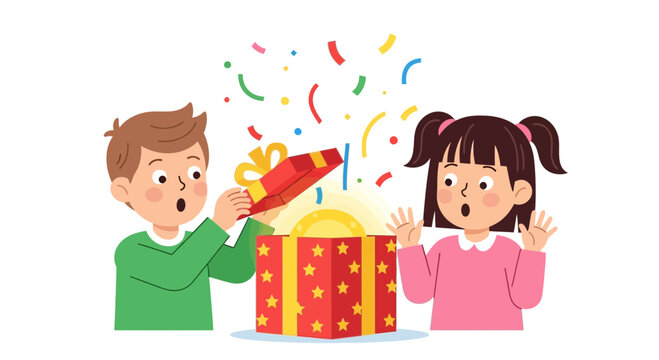 Children celebrate with surprise gift box explosion