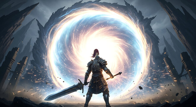 Epic Warrior Facing Swirling Portal - Fantasy Art 8k Wallpaper