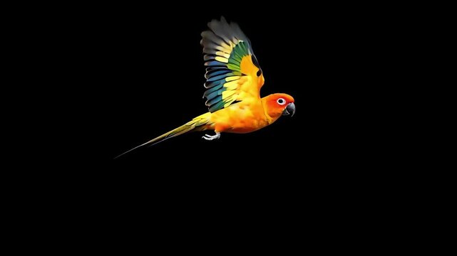 Sunconure parrot flying with black background