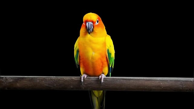 Sunconure parrot perched on wooden stand in black background