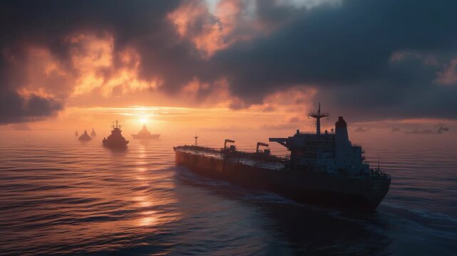 Giant oil tanker halted at sea by naval forces beneath dark storm clouds. Dramatic scene symbolizing global oil crisis, maritime control, and geopolitical tension affecting energy supply routes.