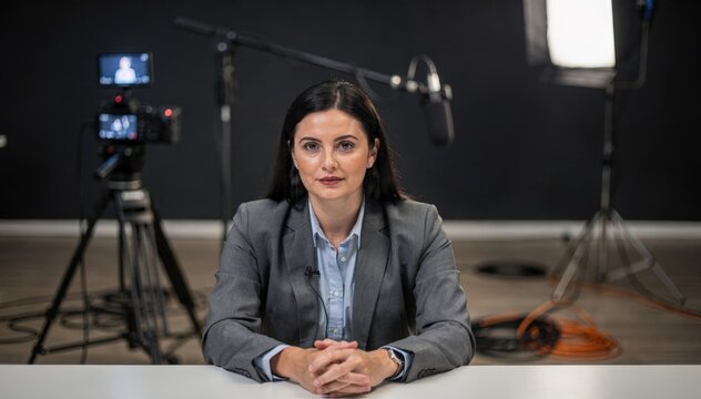 Videorecorded mock interview session with a candidate looking intently at the camera while recording equipment is out of focus behind.