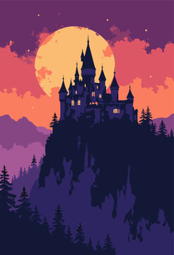 flat poster enchanted castle silhouette perched jagged cliff Scherenschnitte style, mimicking intricately cut black paper