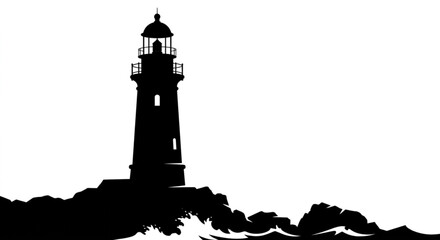 Lighthouse silhouette on rocky coast black and white vector illustration Bahasa Indonesia: Siluet mercusuar di pantai berbatu ilustrasi vektor hitam putih © Lapak orang bejo