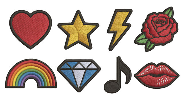 A set of colorful embroidered patches with various shapes and designs for clothing or accessories