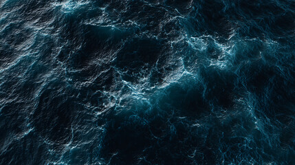 Fototapeta premium A close-up view of turbulent ocean waters, showcasing deep blue hues and dynamic wave patterns illuminated by light reflections.