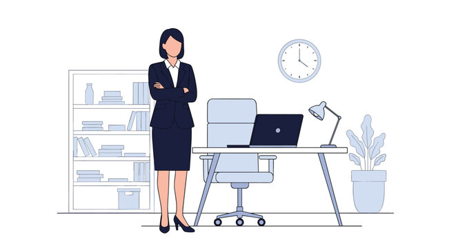 Confident professional businesswoman stands with arms crossed in her modern office near a desk, bookshelf, and a large clock.