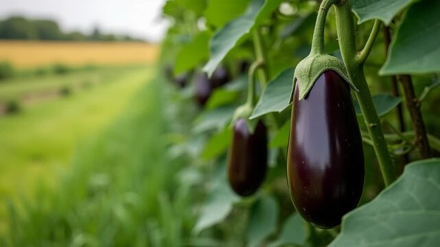 Eggplants grow on lush vines in a vegetable garden with green grass and blurred farmland in the background captured on a Canon camera 
