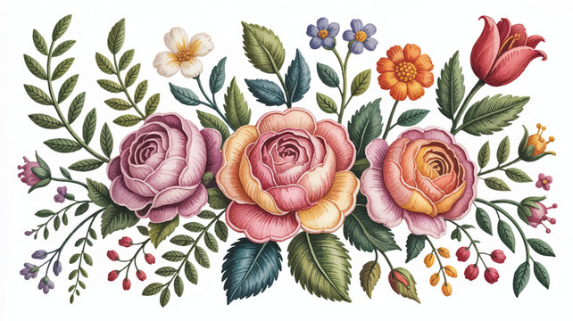 colorful flowers and leaves arrangement with roses isolated on white background
