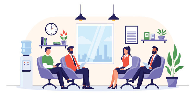 Group of diverse business candidates wait patiently for an interview in a modern office lobby with comfortable seating.