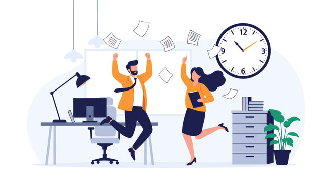 Happy office workers jumping for joy in workplace after successful project completion with documents flying and large clock background.