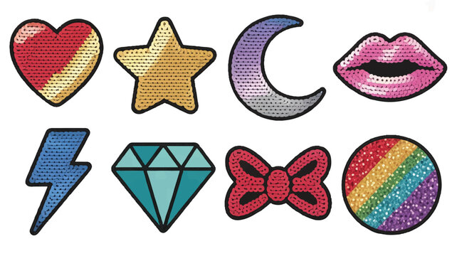 Colorful sequined patch badges with heart star moon lips lightning bolt diamond bow and rainbow isolated on white background