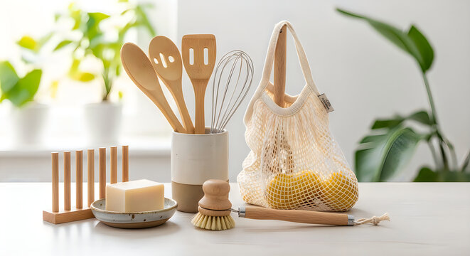 Elegant bamboo kitchen utensils set displayed on a white surface