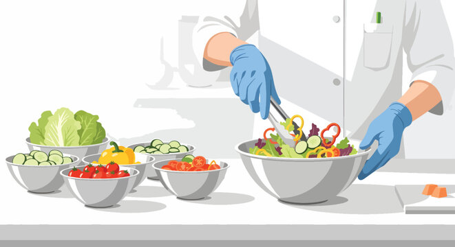 A chef in a white coat and blue gloves prepares a colorful salad with various vegetables in a clean kitchen setting emphasizing food safety.