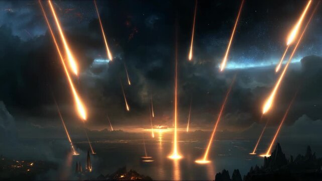 Earth calamity with stars falling from the sky and a dramatic comet rain impacting the planet. Apocalyptic scene symbolizing global disaster, cosmic threat, and the fragility of humanity.