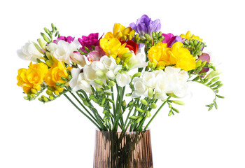Obraz premium Bouquet of colorful freesia flowers in vase isolated on white