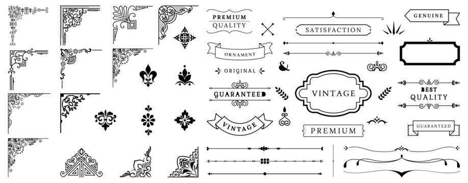 Vintage Decorative Elements Set: Victorian Corners, Ornate Dividers, and Retro Labels