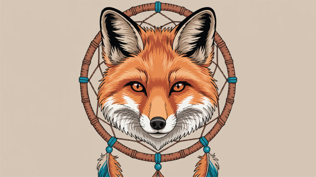 dreamcatcher with fox head and feathers on beige background