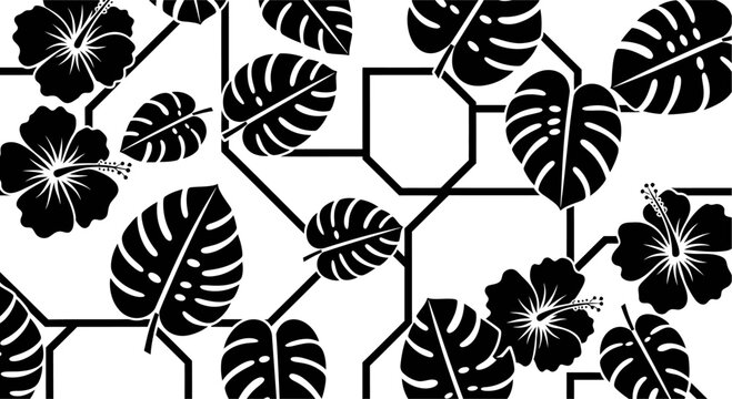 Black and white tropical leaf pattern design.