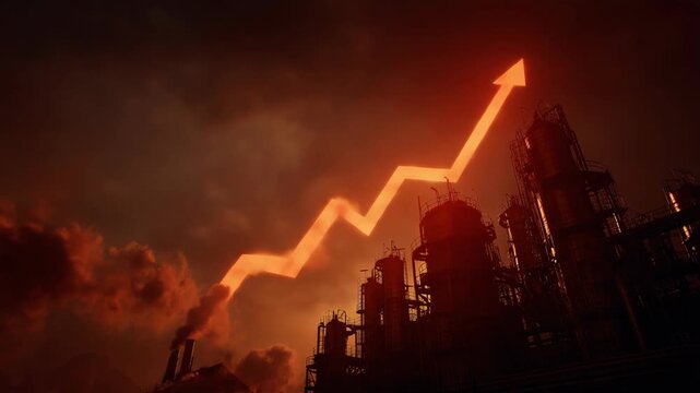 Oil refinery factory burning with thick black smoke while a rising trend graph appears in the sky. Concept of fuel crisis, energy shortage, and increasing oil prices affecting the global economy.