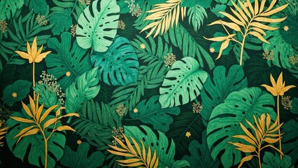 Obraz premium Golden Monstera Jungle Luxury Wallpaper Pattern