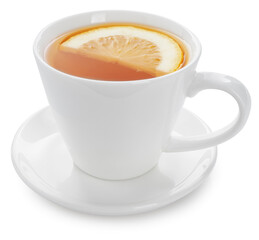 Naklejka premium Hot tea in cup with lemon isolated on white