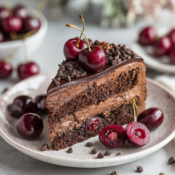 Decadent chocolate cake slice with cherries and choko