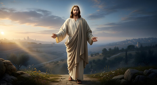 Jesus Christ standing on a hill with outstretched arms and a serene landscape in the background at sunset