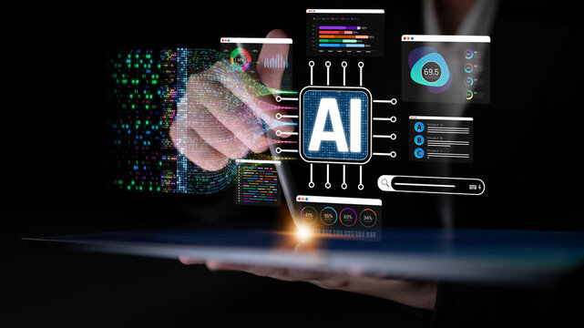 Futuristic Digital Interface with AI Concept Showcasing Data Visualization, Analysis, and Technology Innovation in a Modern Workspace Environment Sigmoid