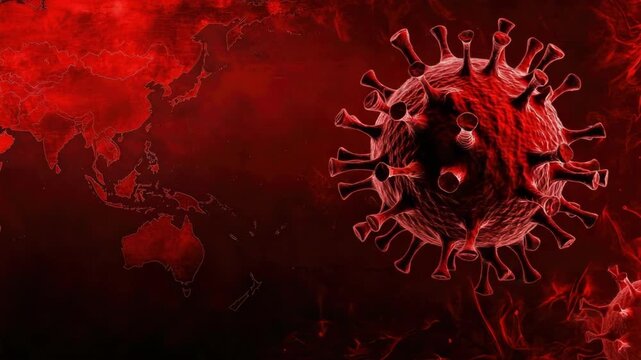 3d visualization of coronavirus on red world map background. HMPV, Human metapneumovirus