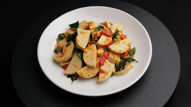 Spicy stir fried sliced vietnamese sausage or White Pork Sausage with thai basil leaves in white plate.