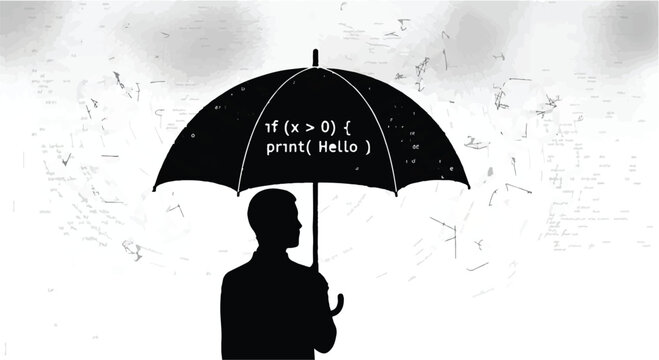 man under umbrella with coding text rainy day