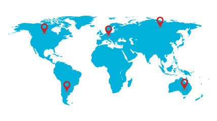 Fototapeta premium Vector world map with pointers, international locations, global connections, flat and outline style, scalable editable map vector collection