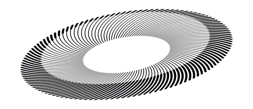Abstract circular vortex ring with curved black lines on white background. Minimalist geometric vector illustration of motion and rotation ripple effect.