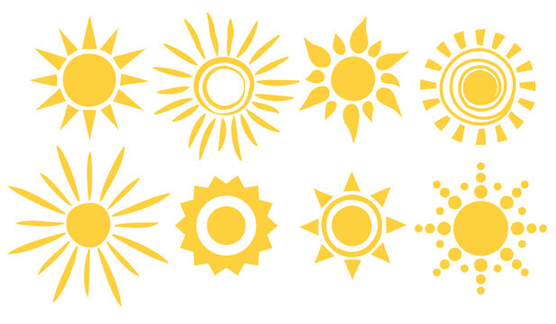 Collection of hand drawn suns in doodle style, abstract sunburst elements and summer weather symbols, simple playful design, vector illustration isolated on transparent background