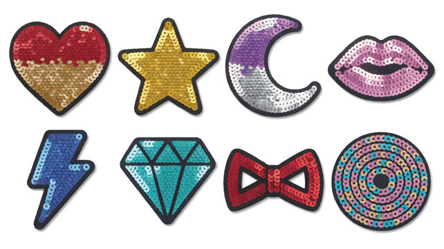 Sequin patches in various shapes and colors on white background