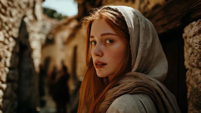 Serious Israeli woman standing on an ancient city street, wearing traditional historical attire. The scene reflects Middle Eastern heritage, cultural identity, and timeless architecture, evoking a sen