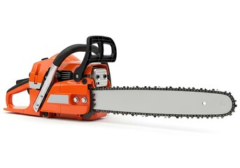 Fototapeta premium Orange chainsaw on a white background with power tool with log cutting