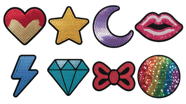 Set of colorful embroidered patches with various shapes and designs