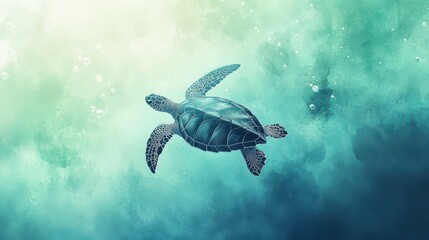 Fototapeta premium Stylized sea turtle gracefully swimming in a vibrant underwater world with shimmering light and ethereal watercolor textures, tranquil ocean life.
