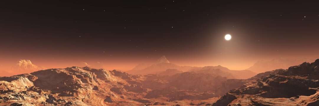 Mars, surface of Mars, Mars at sunset, rocky desert, desert on Mars, 3D rendering