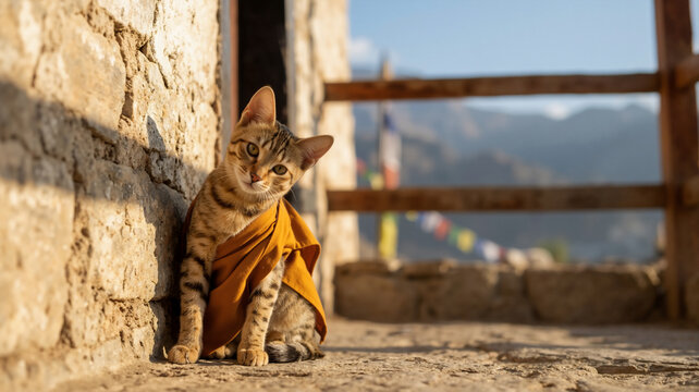 Tabby cat dressed as a monk in orange robe sitting near stone wall. Himalayan temple background with prayer flags. Copy space for text
