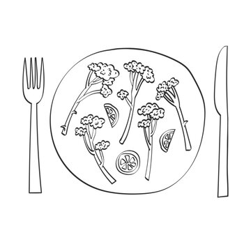 Plate with broccolini and lemon meal, fork and knife. Concept of healthy eating, plant-based nutrition, and natural organic food. Symbol of freshness, balanced diet, and modern wellness lifestyle.